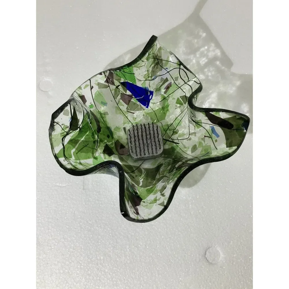 Folded  Hankerchif Clear W/ Blue‎ Green Glass / Votive Holder / With Flower Frog